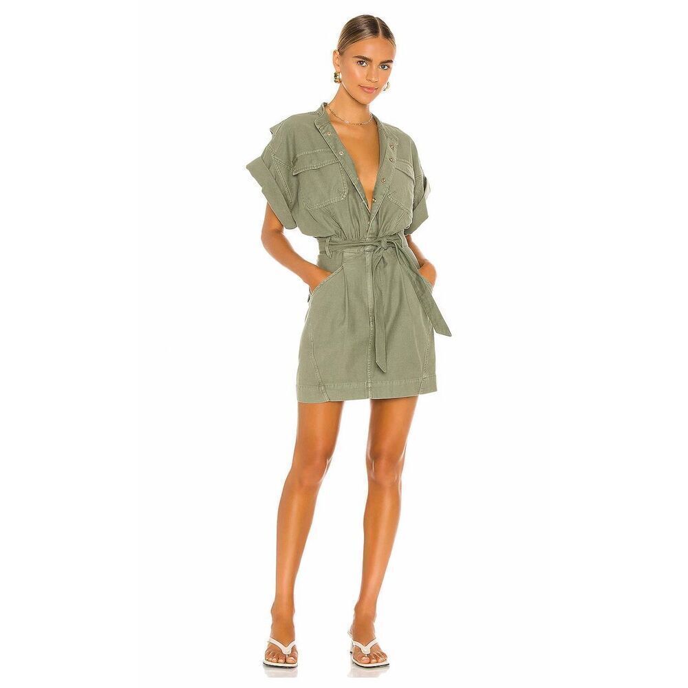 Frame Twisted Utility Shirt Dress in Washed Military Green Size S